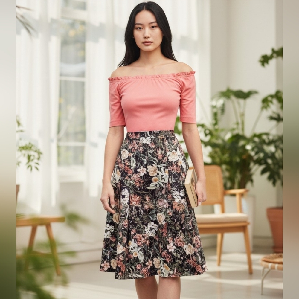 Antonio Melani Black Floral Brenda Sateen Skirt Print Midi Elegant Fall Style